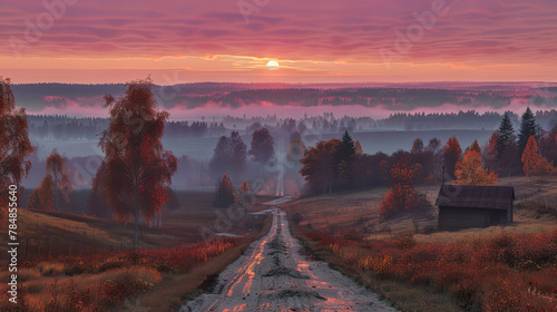Tranquil Sunrise Over a Misty Forest Road, Evoking Autumns Quiet and Cool Morning Atmosphere