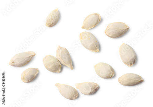 Many seeds of tangerine isolated on white, top view