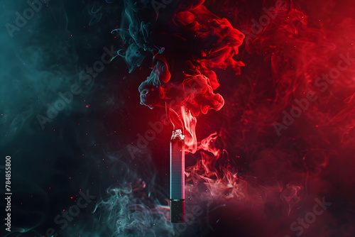 Conceptual photo of a lit cigarette, on a dark background with reddish lighting photo