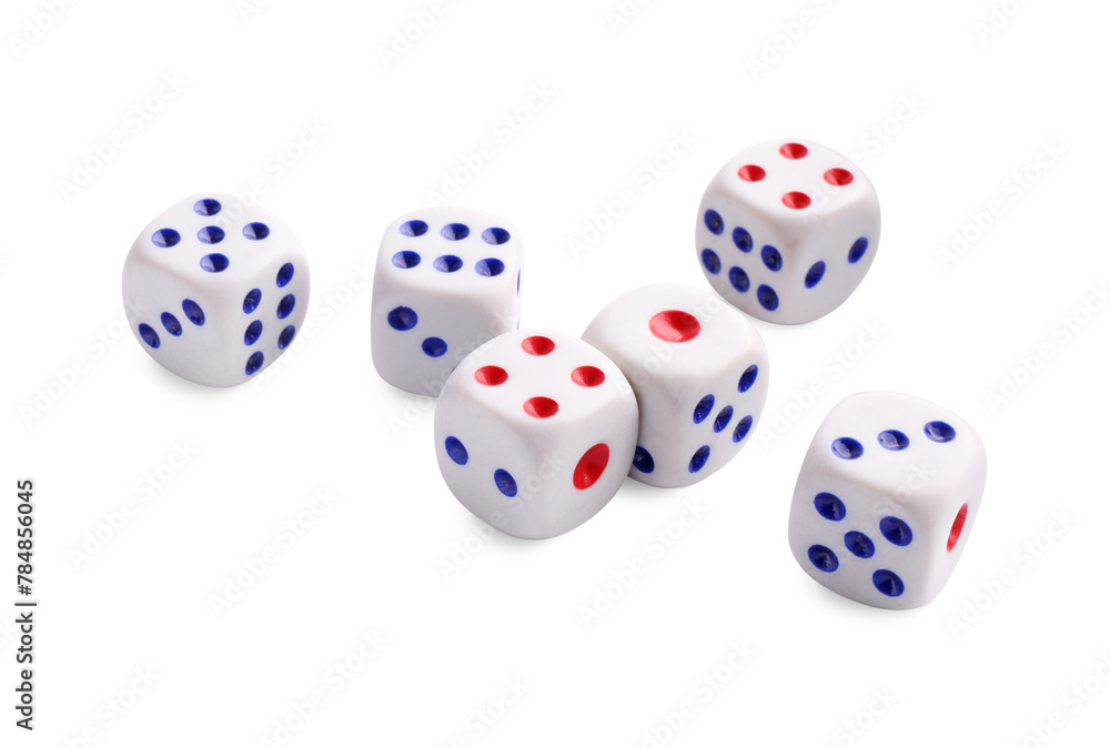 Many dices isolated on white. Game cubes