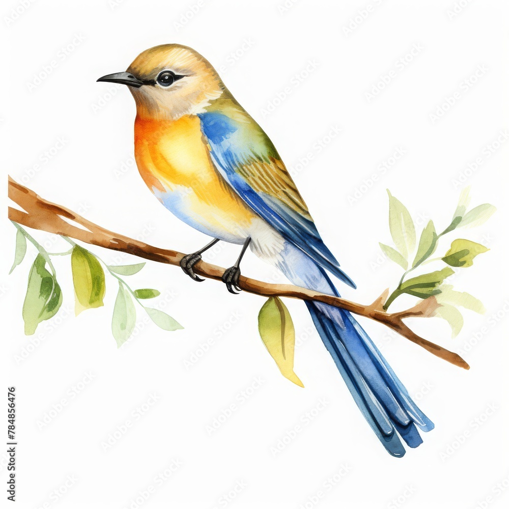 Obraz premium A delicate watercolor illustration showcasing a vibrant bird perched gracefully on a tree branch, highlighted by soft hues and intricate detail.