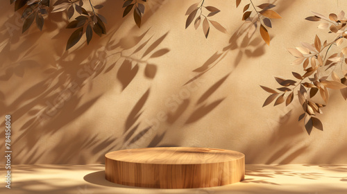 Wooden podium with leaves and shadows