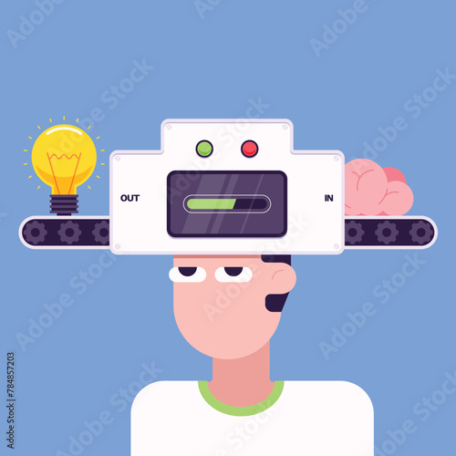 Creative idea process and brain training concept flat design style decorative with light bulb and brain go though machine © thenatchdl