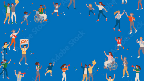 Vector frame template of cheering supporters, people happily watching sports, cheering children. スポーツを応援するサポーター、楽しそうにスポーツ観戦する人々、応援する子供たちのベクターフレームテンプレート素材