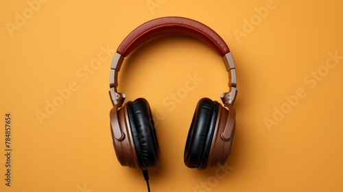 Aerial view of headphones against a brown background