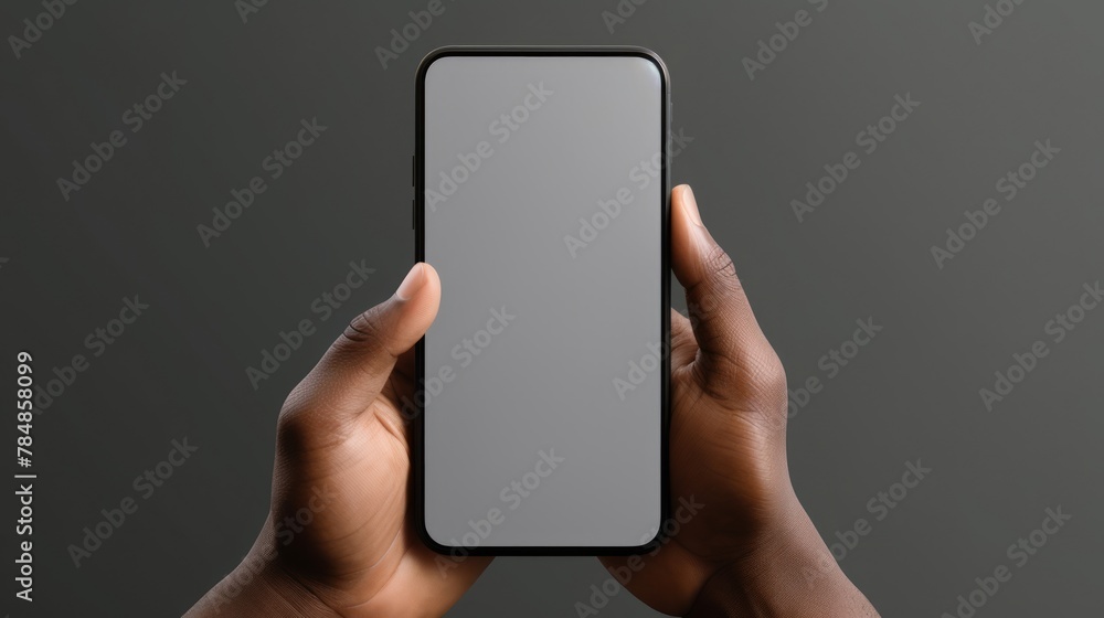 Aerial view of a gray background; the image features a person's arm holding a cellphone with a white screen Aerial view of a gray background; the image features a person's arm holding a cellphone with a white screen