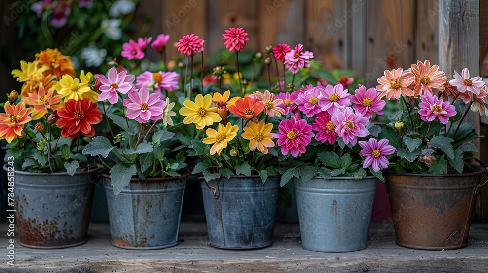 Countryside Bloom Rustic Metal Pots Overflowing with Flowers Countryside Bloom Rustic Metal Pots Overflowing with Flowers