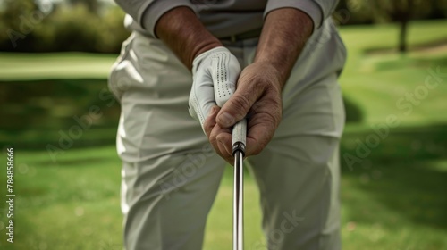 A close-up of a golfer's hands expertly gripping the club, ready to take a swing, with the focus and determination in their stance.