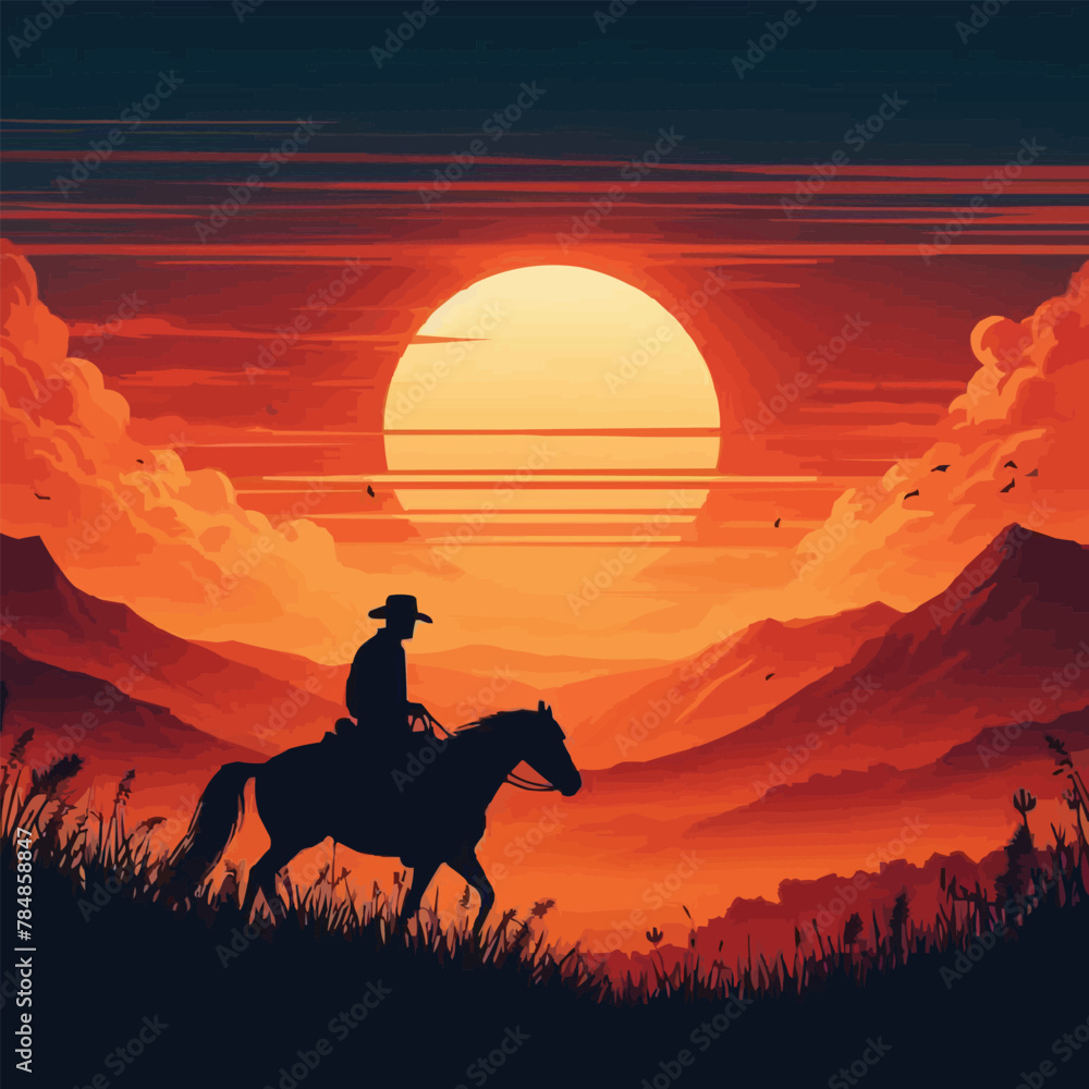 free vector West sunset silhouette landscape with cowboy on horse