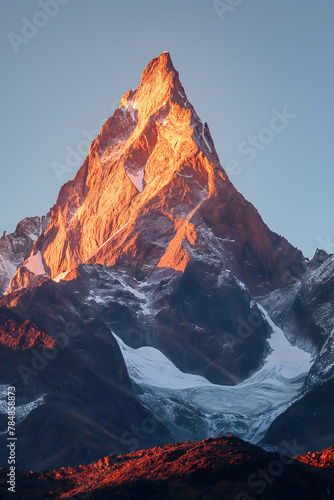 A stunning mountain peak lit by the warm light of sunset, creating a dramatic and natural alpine landscape