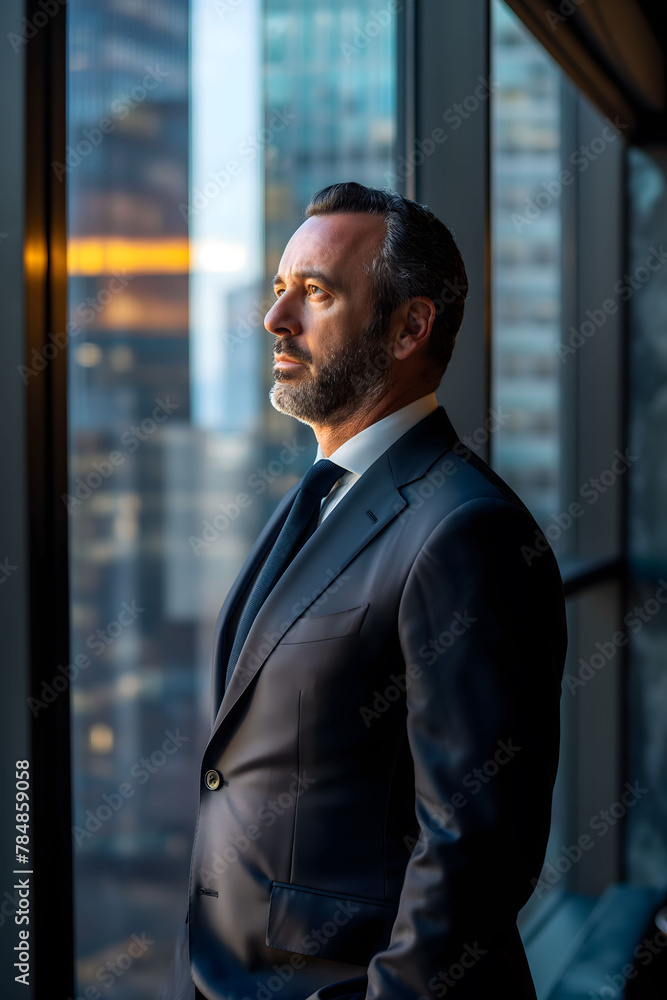 Reflective middle-aged businessman in a suit standing by a window with a cityscape background in twilight Reflective middle-aged businessman in a suit standing by a window with a cityscape background in twilight