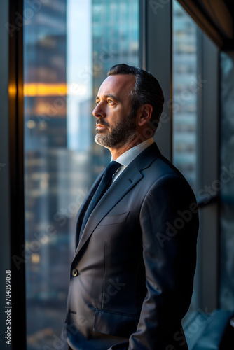 Reflective middle-aged businessman in a suit standing by a window with a cityscape background in twilight