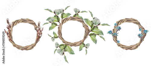 Set with watercolor wreath with willow and green leaves isolated on white background. Hand-drawn branch herb for spring Easter decor with copy space. Botanical bouquet for wallpaper. Nature clipart