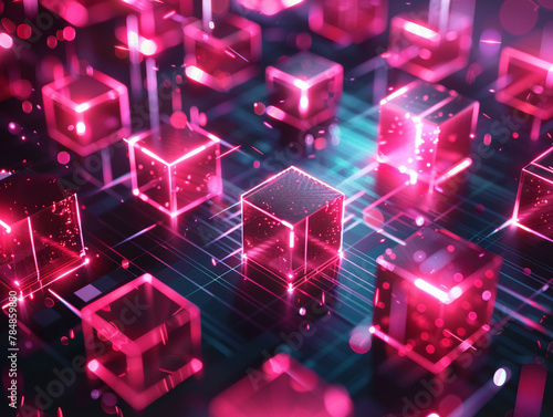 A bold and vivid background featuring isometric 3D blockchain cubes in hot pink glowing intensely against a dark