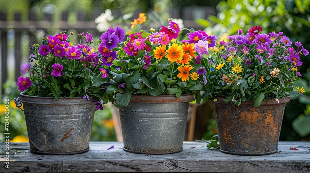 Countryside Bloom Rustic Metal Pots Overflowing with Flowers