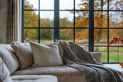 Farmhouse interior design of modern living room sofa with pillows near grid window, home. Autumn view outdoor photo