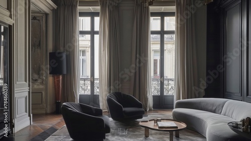 The windows are dd in heavy black velvet curtains their folds pooling gracefully on the floor. The soft material gives the room a sense of intimacy and secrecy while also blocking .