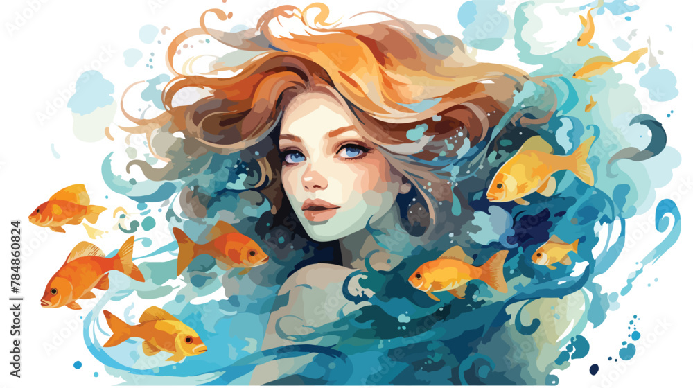 Watercolor artwork of a beautiful girl with fish fo