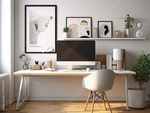  interior living room workspace with desk and desktop computer. Generative AI. © srijaroen