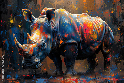 Experience the captivating energy of a painted rhino, its robust presence accentuated by bold strokes of color on a backdrop of mesmerizing patterns and textures-1