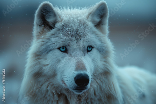 Deep within the heart of a moonlit forest, a wolf's portrait captures its primal beauty, its ethereal white fur and piercing blue eyes hinting at secrets untold