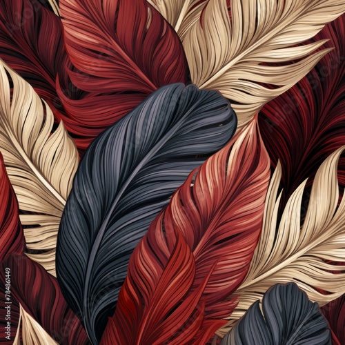 A tropical leaves pattern in shades of red, brown, and gray, in the style of linear elegance, palewave, velvia, golden age aesthetics photo