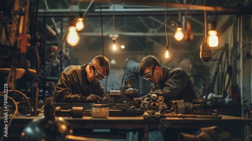 Two workers in coveralls and safety goggles are seen from behind carefully assembling pieces of machinery on a cluttered workbench. . . photo