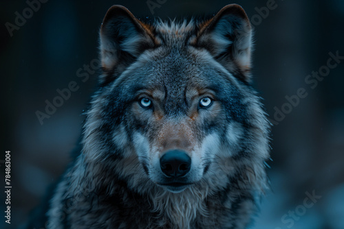 A majestic wolf s head emerges from the shadows  its piercing blue eyes glowing with an otherworldly intensity-1