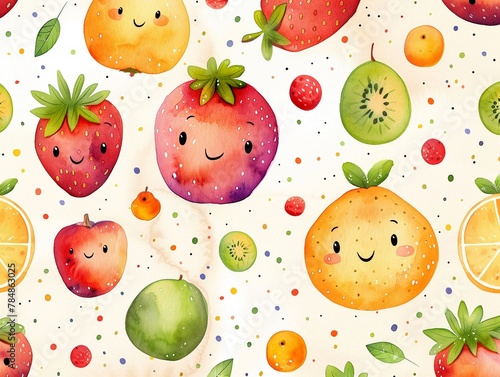 Cute fruit characters, watercolor softness, seamless pattern bliss