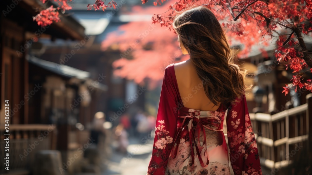 Back view of young woman in red dress walking in the autumn garden