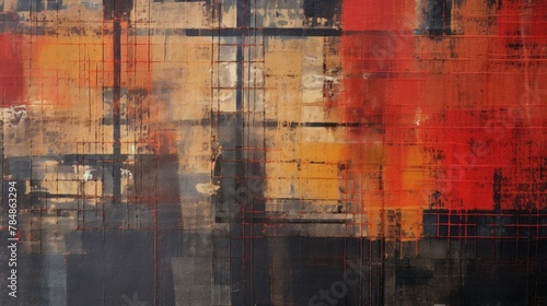A grungy fabric with red  Red and blue patterns on it  dark orange and dark black  crossed colors