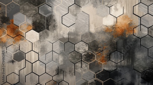 a gray and black rug with stacked hexagons, in the style of stylistic abstraction, sepia tone, fragmented designs, opt art, gossamer fabrics, wood, digitally enhanced photo