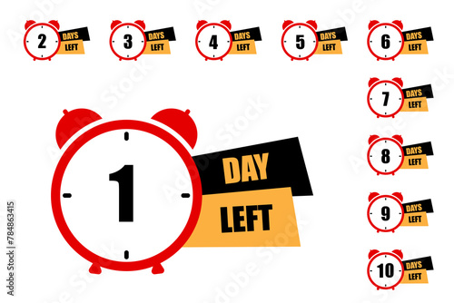 Alarm clock countdown sequence. One day left highlight. Time-sensitive alert. Vector illustration. EPS 10.