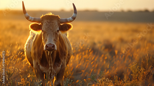 A majestic golden bull stands alone in a vast, sun-kissed meadow, its horns gleaming in the warm light photo