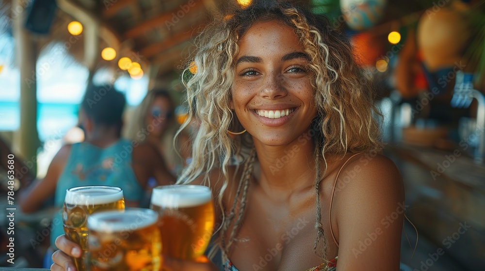 Group of multi ethnic friends having backyard dinner party together - Diverse young people sitting at bar table toasting beer glasses in brewery pub garden Group of multi ethnic friends having backyard dinner party together - Diverse young people sitting at bar table toasting beer glasses in brewery pub garden