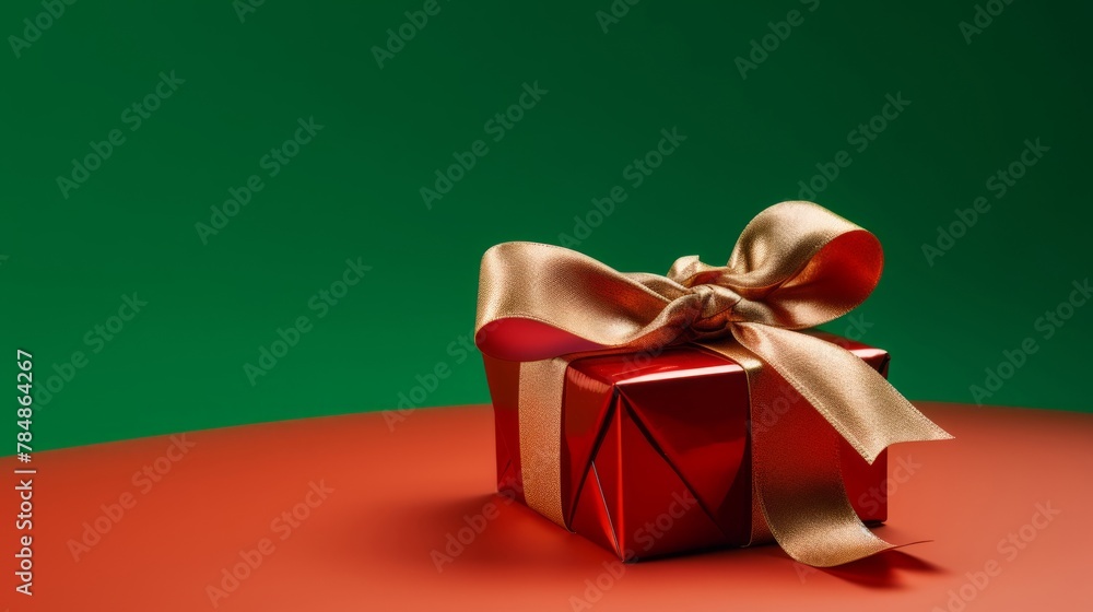 A gift wrapped in red on green background A gift wrapped in red on green background