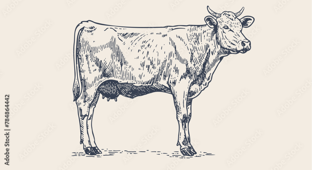 Obraz premium Cow, bull, beef. Vintage retro print, black white cow, bull, beef sketch ink pencil drawing, engrave old school. Sketch artwork silhouette cow bull. Side view profile beef bull. Vector Illustration