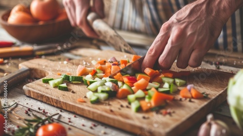 A close-up of hands chopping fresh  colorful vegetables on a wooden cutting board  symbolizing the importance of wholesome  nutrient-rich meals in a healthy lifestyle.
