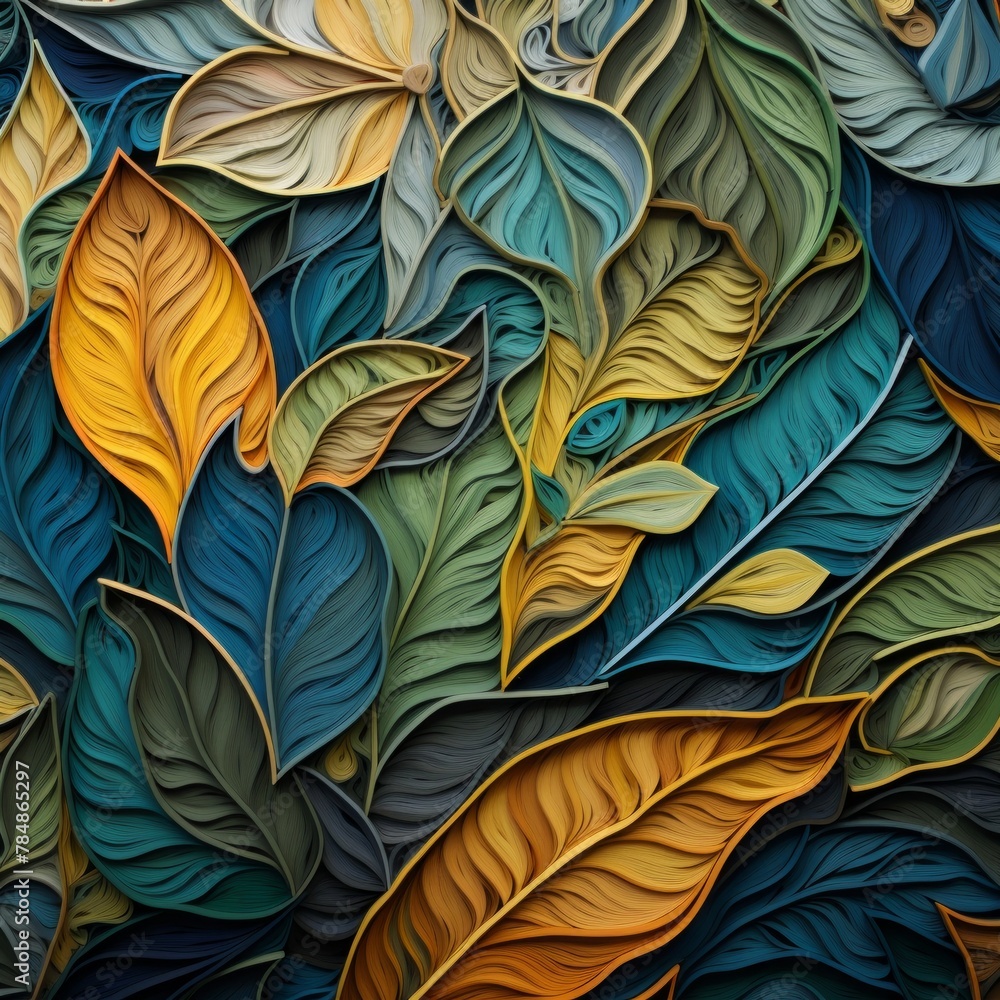 colorful abstract background with green and yellow gold leaves, sculptural paper constructions colorful abstract background with green and yellow gold leaves, sculptural paper constructions