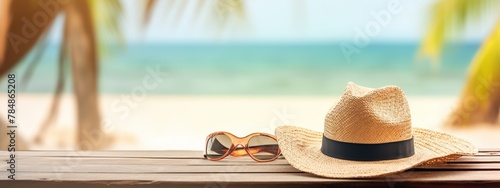 Beach accessories of hat and sun glass on blurred beach background. photo