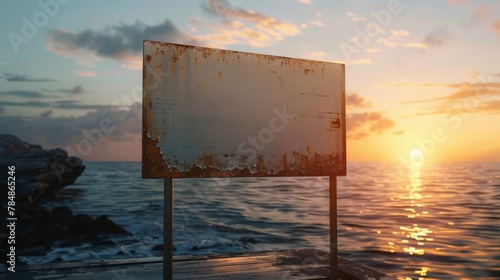 Blank mockup of a weathered metal dock sign with a wave and sun design. .