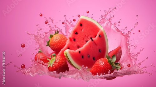 Ripe Watermelon and Strawberries Splashing into Water against a Pink Background