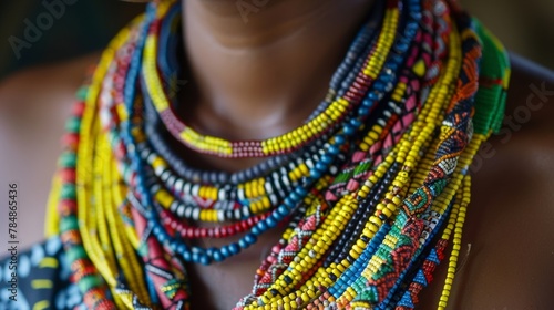 The intricate patterns of a tribal necklace on a womans chest tell the story of her cultural heritage and identity. .