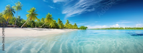 Beautiful tropical beach paradise with palm trees and blue sky and clouds panorama.