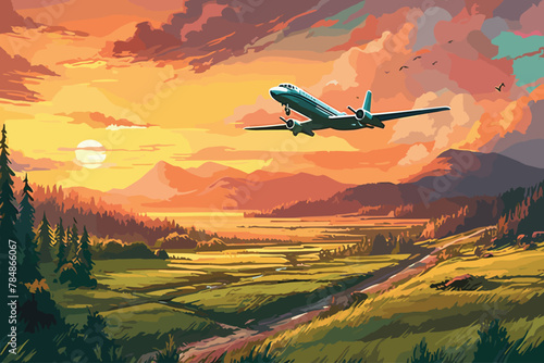 Airplane Colorful landscape with passenger airplane art background.
