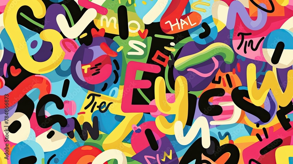 Obraz premium featuring Latin alphabet letters in a kaleidoscope of colors, creating visually captivating designs against colorful backgrounds. Adds charm and personality to any space, perfect as a background.