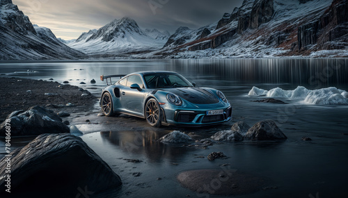 a brand-less generic concept car in front of a glacier