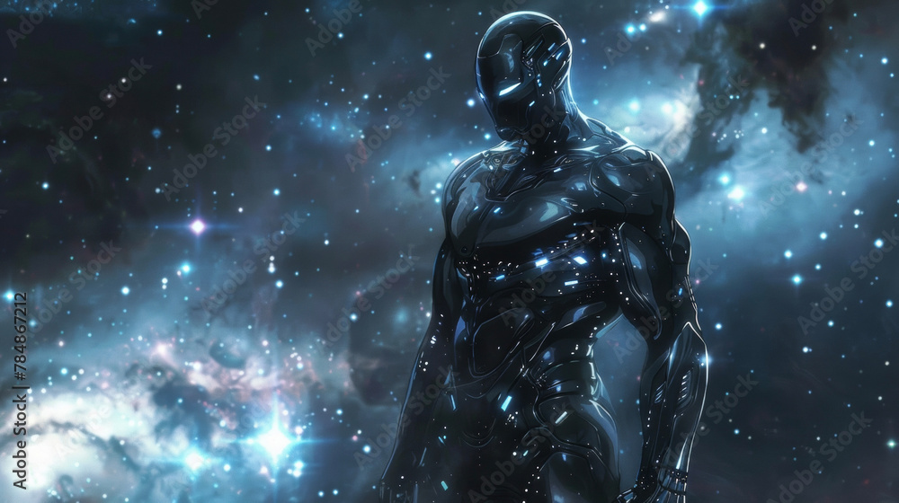 Against a backdrop of swirling galaxies and constellations a black man stands tall in a sleek metallic suit adorned with blinking lights and futuristic accessories. With a confident . Against a backdrop of swirling galaxies and constellations a black man stands tall in a sleek metallic suit adorned with blinking lights and futuristic accessories. With a confident .