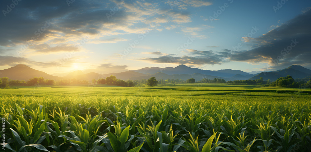 Sunrise over a Big Corn Field on a Sunlit Land Sunrise over a Big Corn Field on a Sunlit Land
