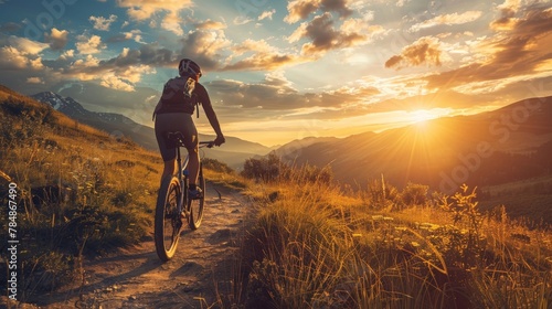 A cyclist on a mountain trail at golden hour, the setting sun casting a warm glow over the landscape, illustrating the thrill of exploring nature on two wheels. photo